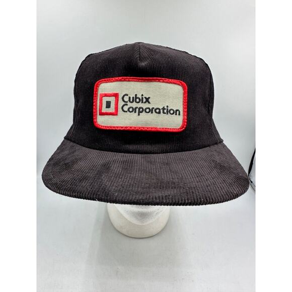 Vtg P Brand Corduroy Hat Snapback Cubix Corporation Black Patch Adjustable USA - Picture 2 of 8